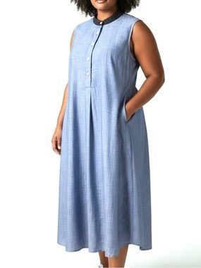 eShakti Chambray Cotton Midi Dress Sleeveless Front Pockets 16